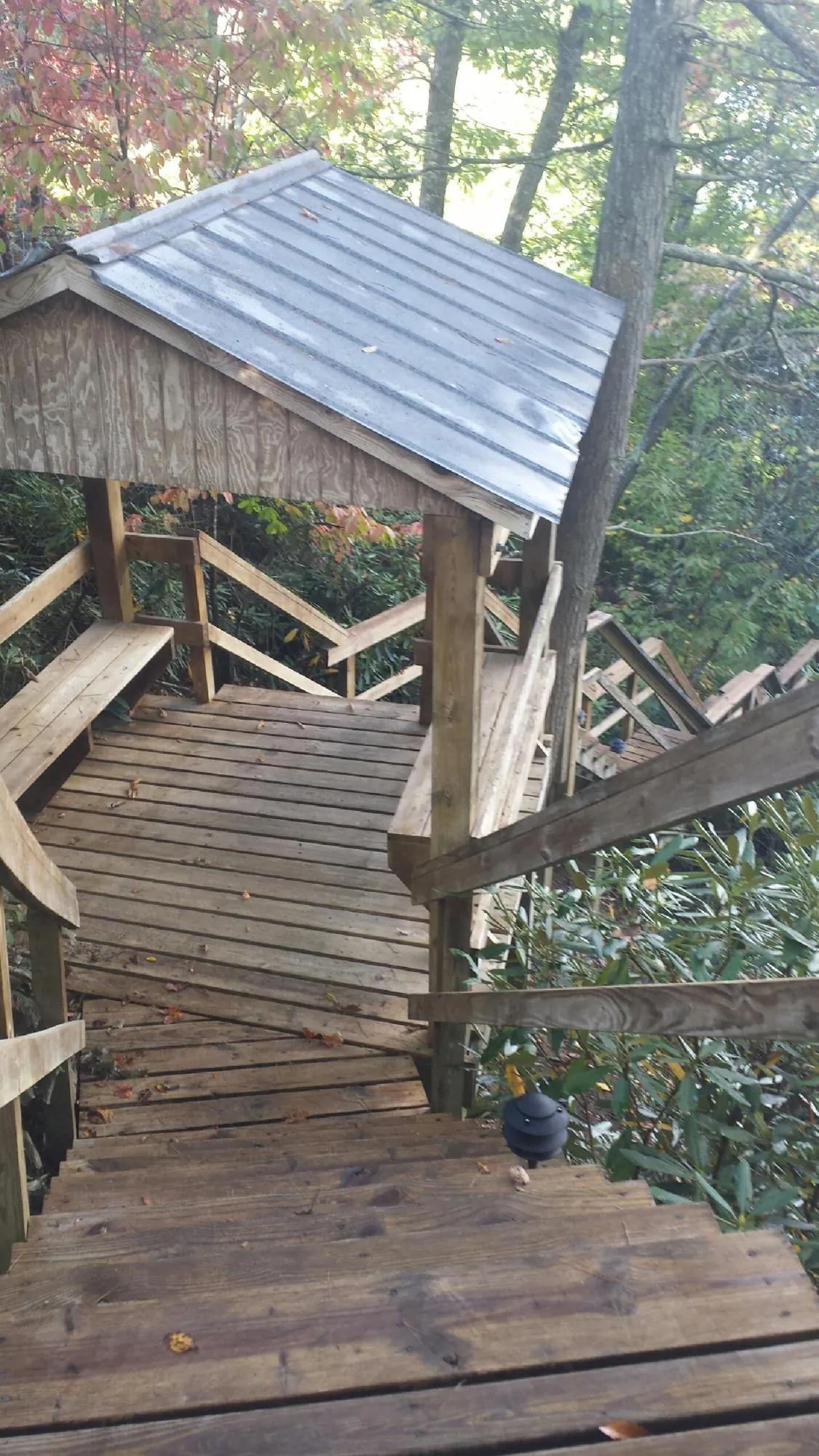 Metal roofed shelter over wooden steps on a wooded walkway — Skylight Repair & Installation work by our crew in Roma